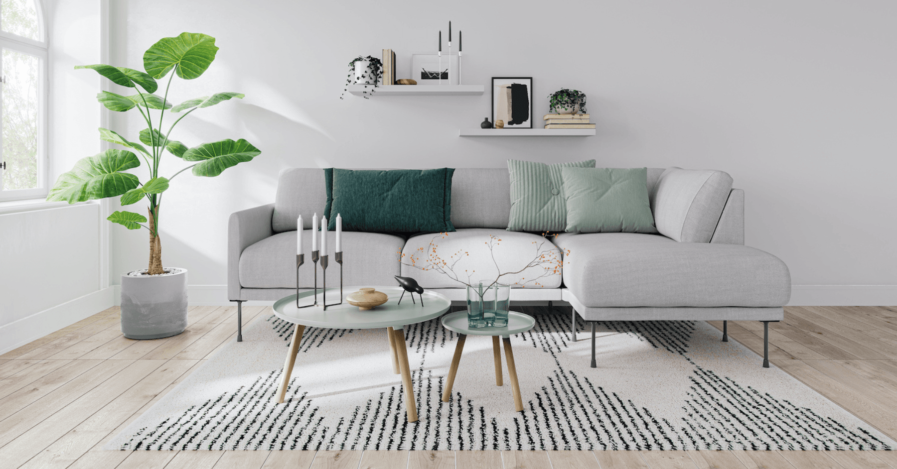 Modernes Wohnzimmer mit Sofa-Ecklösung, CGI-Lifestyle-Szene