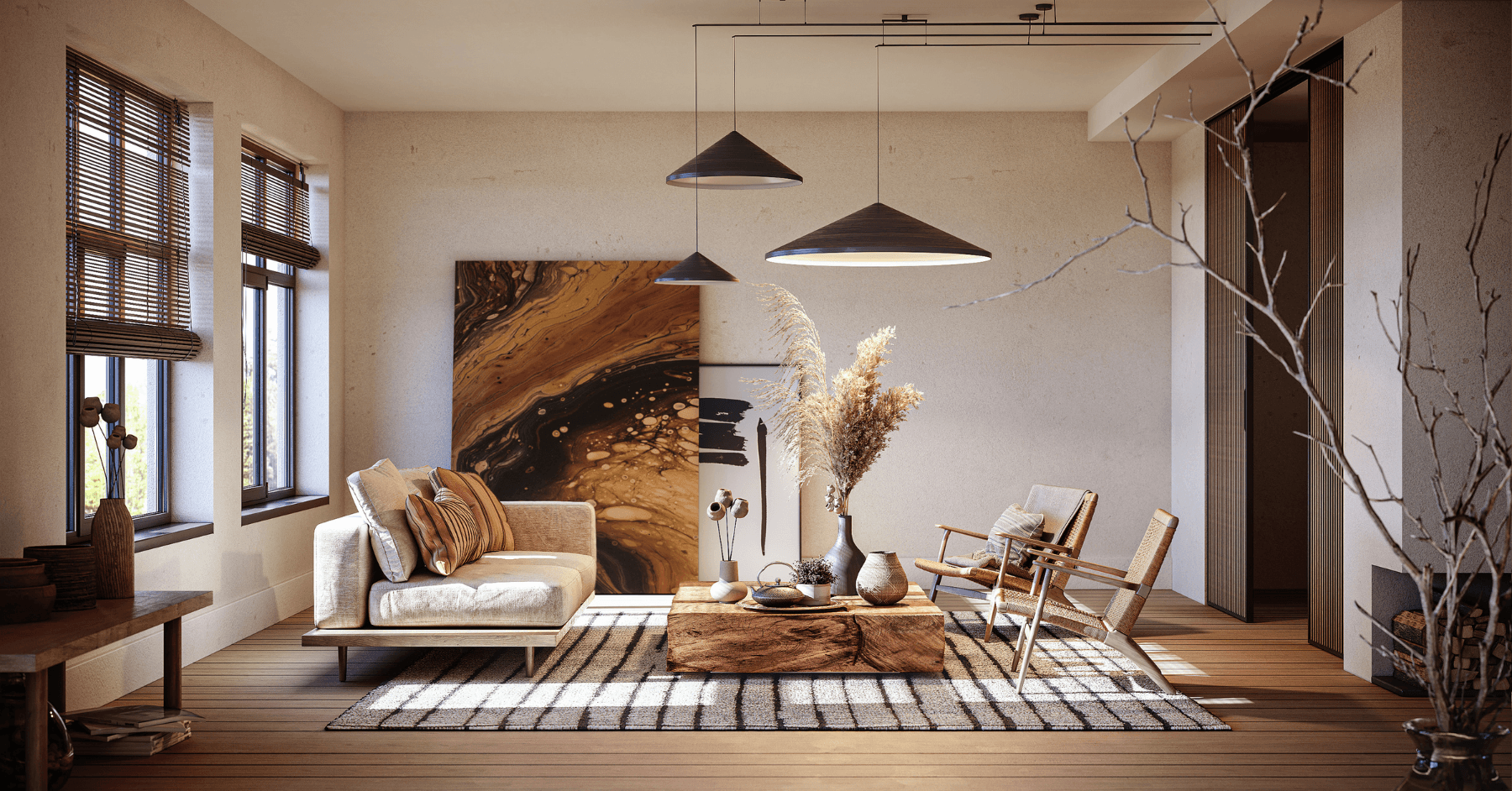 Wohnzimmer mit beigem Sofa und Holzmöbeln, CGI-Produktvisualisierung