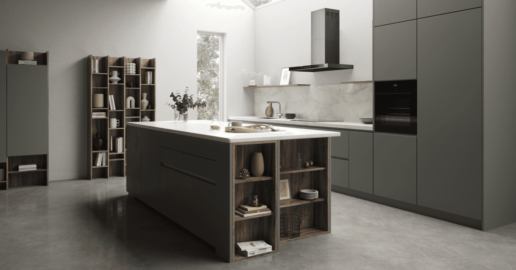 Moderne Küche mit matten dunkelgrauen Schränken, CGI-Rendering von Impala Services